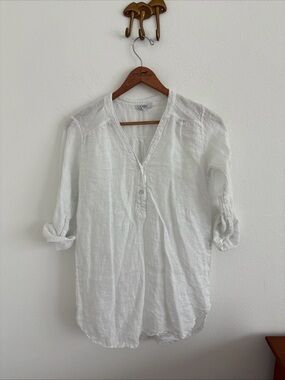 Rosemarine Linen Tunic Top White V Neck Roll Tab Sleeve Small
